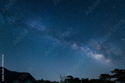 霧島の山々と森の夜空に輝く天の川