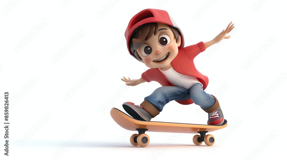 A 3D cartoon of a boy with brown hair, wearing a red shirt, blue jeans, and a red cap, skateboarding. A 3D cartoon of a boy with brown hair, wearing a red shirt, blue jeans, and a red cap, skateboarding.