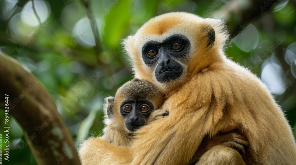 Fototapeta premium close image of Yellow Cheeked Gibbon monkey (Nomascus Gabriallae) mother with child in the forest