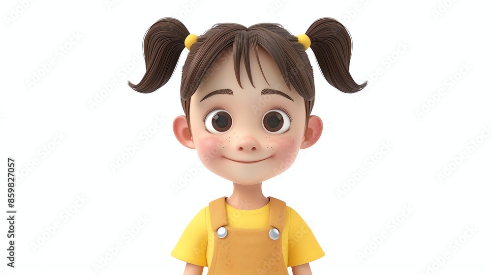 A cute 3D cartoon girl with brown hair in pigtails, wearing a yellow shirt and brown overalls, smiles warmly. A cute 3D cartoon girl with brown hair in pigtails, wearing a yellow shirt and brown overalls, smiles warmly.