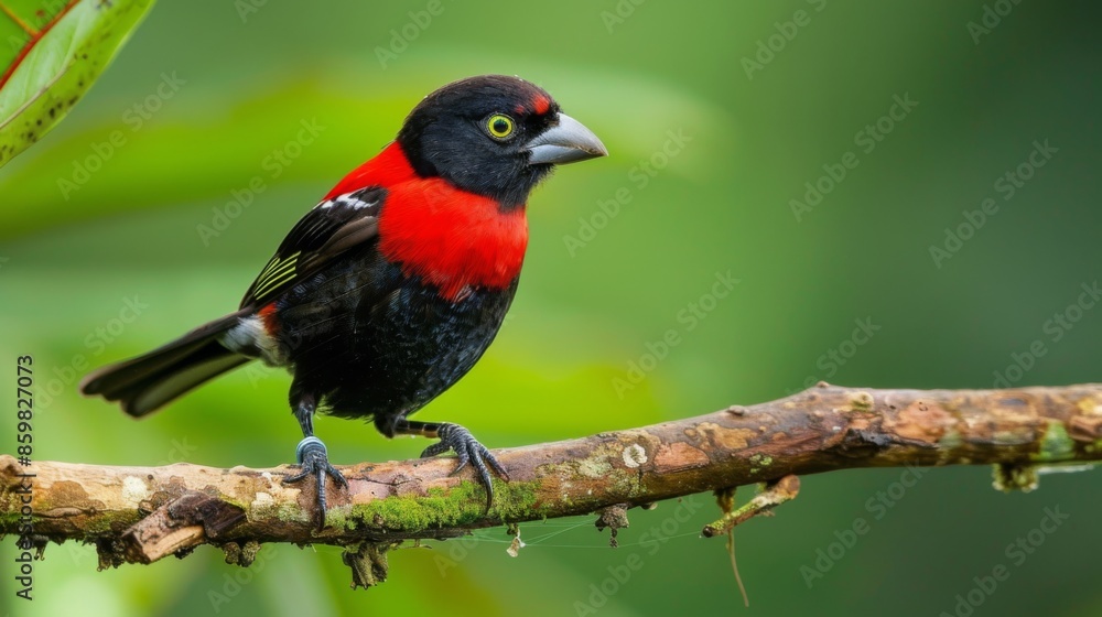 Crimson-backed Tanager perched on a tree branch on green background Crimson-backed Tanager perched on a tree branch on green background