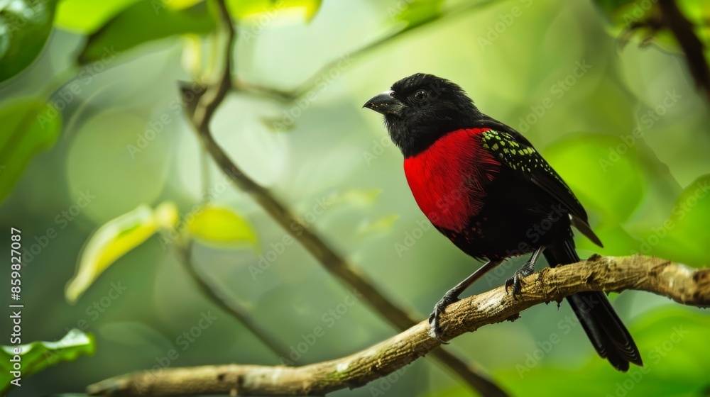 Crimson-backed Tanager perched on a tree branch on green background Crimson-backed Tanager perched on a tree branch on green background