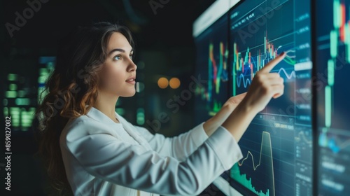 Businesswoman Pointing at Bullish Stock Market Chart for Financial Growth and Analysis Illustration