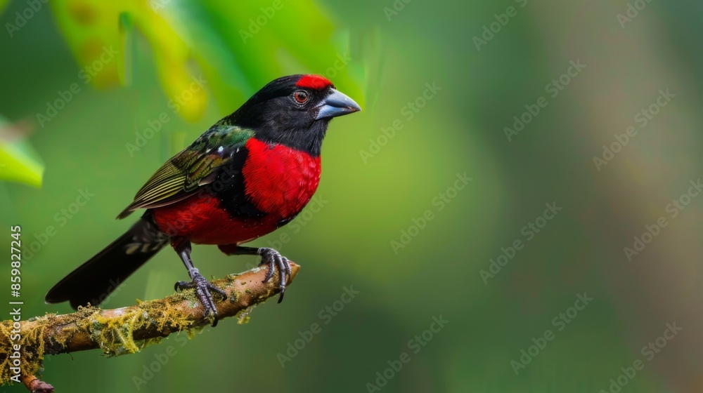 Crimson-backed Tanager perched on a tree branch on green background Crimson-backed Tanager perched on a tree branch on green background