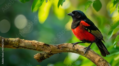Crimson-backed Tanager perched on a tree branch on green background © Adi