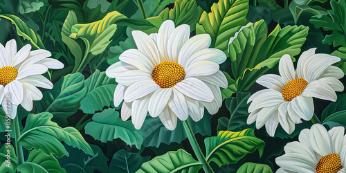white daisies with a yellow center and green leaves against a detailed background, generative AI © VALUEINVESTOR