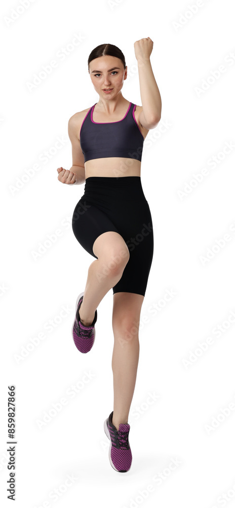 Young woman doing aerobic exercise on white background Young woman doing aerobic exercise on white background