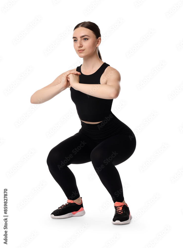 Young woman doing aerobic exercise on white background Young woman doing aerobic exercise on white background