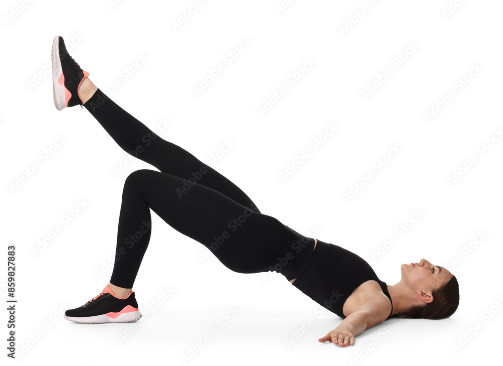 Young woman doing aerobic exercise on white background Young woman doing aerobic exercise on white background