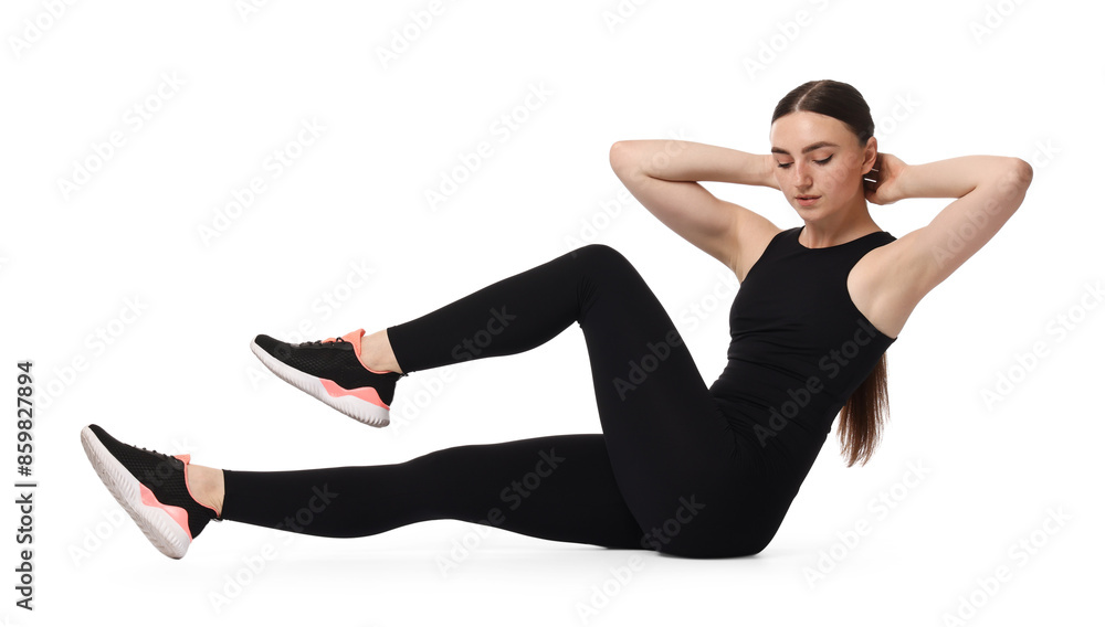 Young woman doing aerobic exercise on white background Young woman doing aerobic exercise on white background