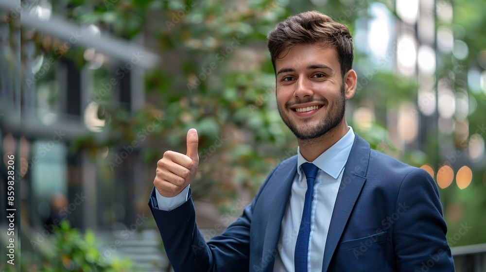 Confident Young Professional in Formal Attire Giving Thumbs-Up Against Vibrant Background with Copy Space Confident Young Professional in Formal Attire Giving Thumbs-Up Against Vibrant Background with Copy Space
