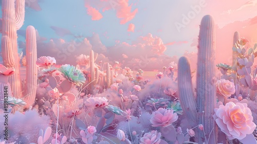 A dreamy, pastel-colored oasis where cacti bloom with pudding flowers in every hue photo