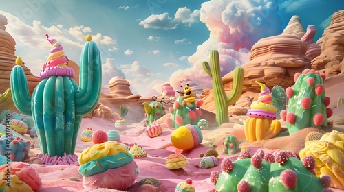 A playful cartoon landscape where cheerful cacti characters made of colorful pudding explore a candy-coated desert