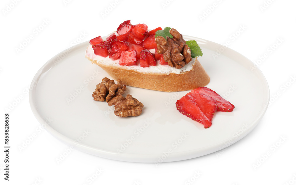 Delicious bruschetta with ricotta cheese, strawberries, mint and walnuts isolated on white Delicious bruschetta with ricotta cheese, strawberries, mint and walnuts isolated on white