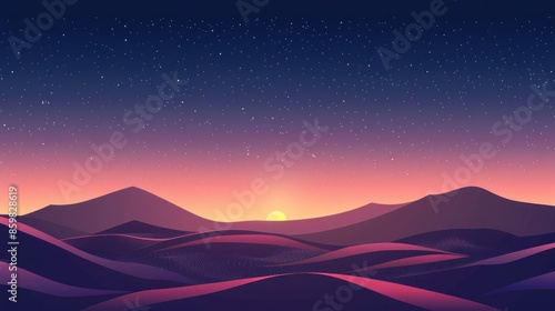 Night Sky Over a Wavy, Purple Desert Landscape