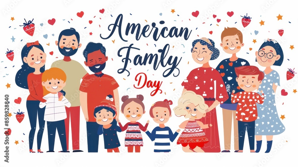 Diverse families celebrate American Family Day with a flag and festive decorations. Diverse families celebrate American Family Day with a flag and festive decorations.