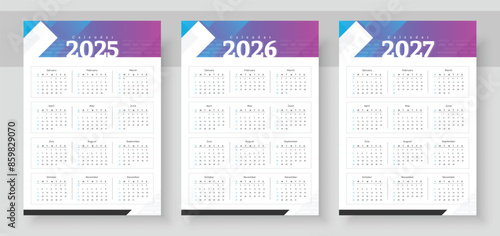 2025, 2026 and 2027 calendar set. The week starts on Sunday. Simple calender layout. Yearly diary. Stationery template with 12 months, Organizer in English. Pocket or wall formats.