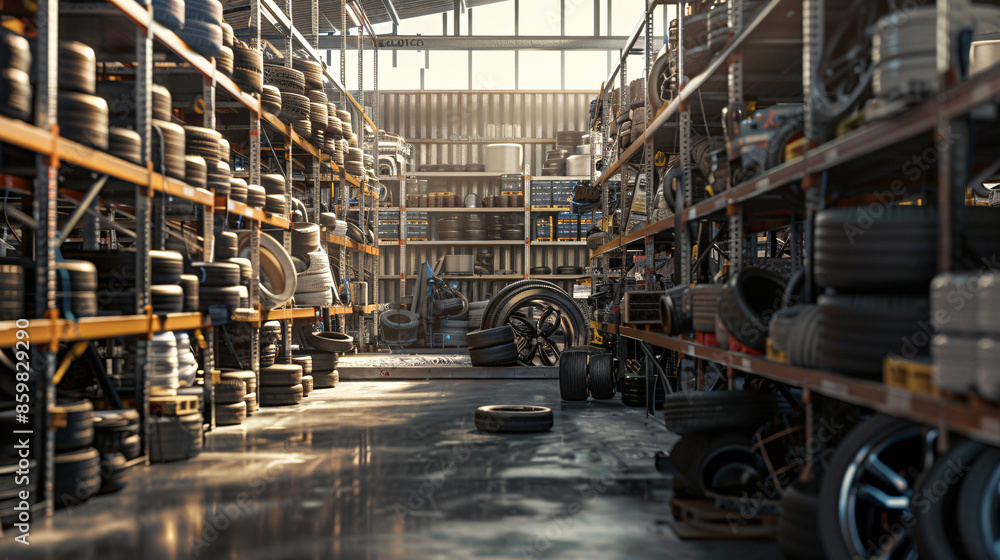 Industrial warehouse with high shelves full of tires and car parts Industrial warehouse with high shelves full of tires and car parts