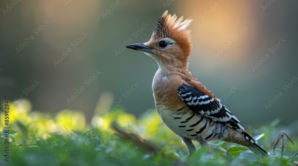 Eurasian or common hoopoe (Upupa epops) fascinated brown crested bird with white and black wings closely perching on thin branch Eurasian or common hoopoe (Upupa epops) fascinated brown crested bird with white and black wings closely perching on thin branch