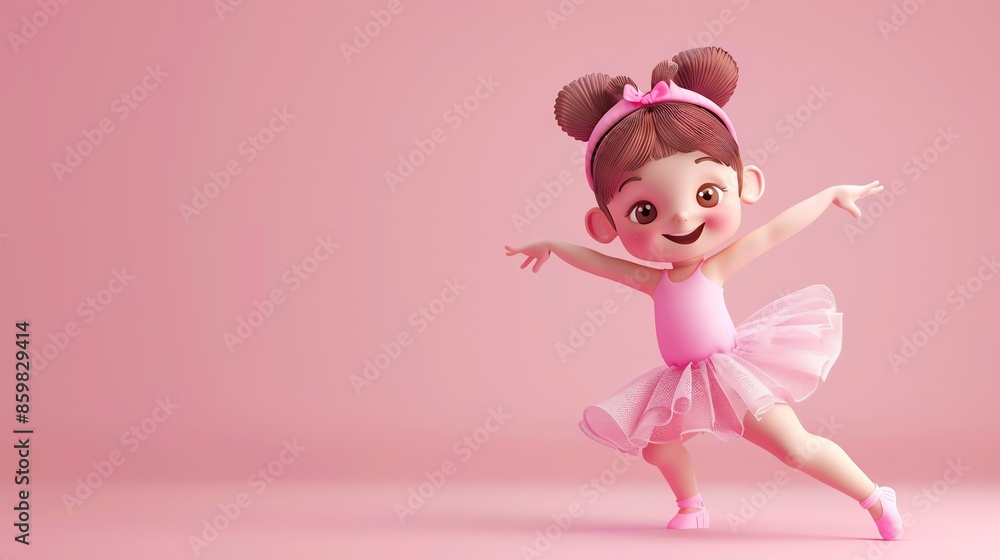 A 3D-rendered cartoon ballerina girl with brown hair and a pink tutu is dancing with a big smile. A 3D-rendered cartoon ballerina girl with brown hair and a pink tutu is dancing with a big smile.