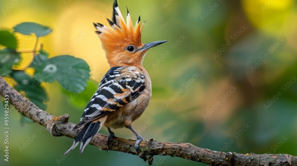 Eurasian or common hoopoe (Upupa epops) fascinated brown crested bird with white and black wings closely perching on thin branch Eurasian or common hoopoe (Upupa epops) fascinated brown crested bird with white and black wings closely perching on thin branch