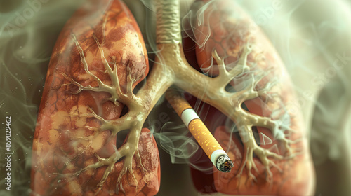 Tobacco is the slow erosion of respiratory strength: Visualize a person's lungs deteriorating with each cigarette, symbolizing the gradual weakening of respiratory health from smoking. photo