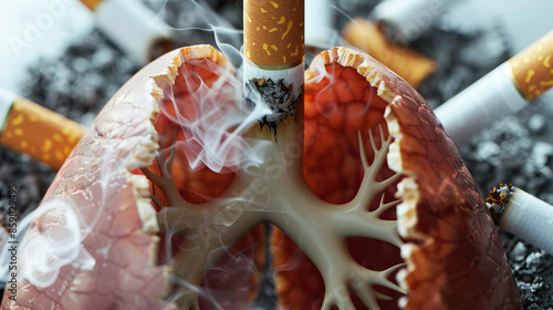 Tobacco is the slow erosion of respiratory strength: Visualize a person's lungs deteriorating with each cigarette, symbolizing the gradual weakening of respiratory health from smoking. photo