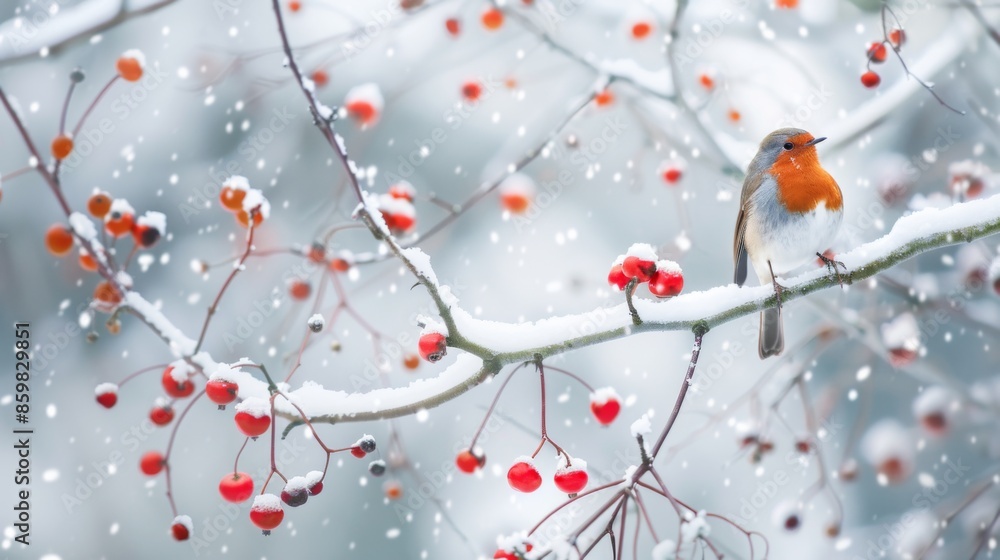 Facing right on a snow covered tree branch with red berries. Scientific name Erithacus rubecula. Space for copy Facing right on a snow covered tree branch with red berries. Scientific name Erithacus rubecula. Space for copy