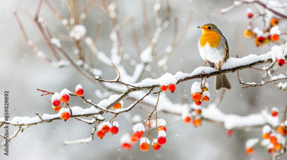 Facing right on a snow covered tree branch with red berries. Scientific name Erithacus rubecula. Space for copy Facing right on a snow covered tree branch with red berries. Scientific name Erithacus rubecula. Space for copy