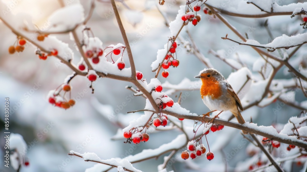 Facing right on a snow covered tree branch with red berries. Scientific name Erithacus rubecula. Space for copy Facing right on a snow covered tree branch with red berries. Scientific name Erithacus rubecula. Space for copy
