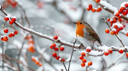 Facing right on a snow covered tree branch with red berries. Scientific name Erithacus rubecula. Space for copy