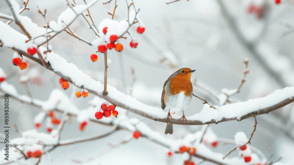 Facing right on a snow covered tree branch with red berries. Scientific name Erithacus rubecula. Space for copy Facing right on a snow covered tree branch with red berries. Scientific name Erithacus rubecula. Space for copy