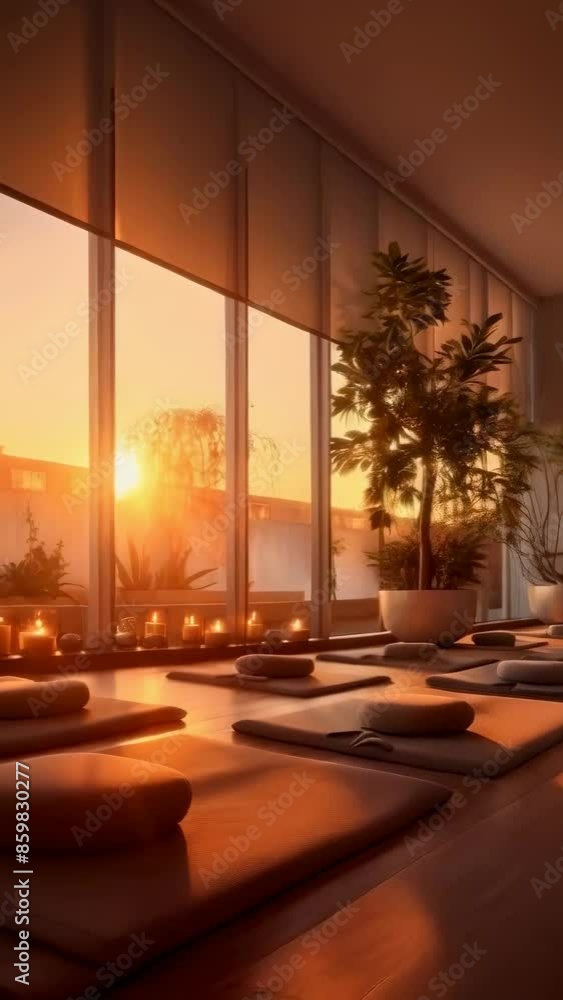 A tranquil yoga studio features meditation cushions and soft candlelight at sunset. The large windows let in warm natural light, enhancing the serene atmosphere. Ideal for relaxation. A tranquil yoga studio features meditation cushions and soft candlelight at sunset. The large windows let in warm natural light, enhancing the serene atmosphere. Ideal for relaxation.
