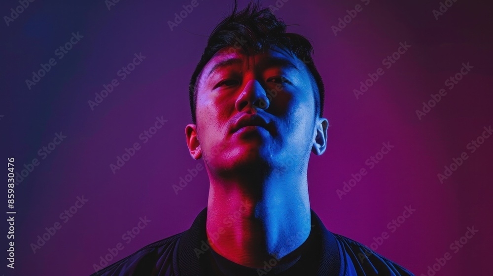 Asian man in black shirt standing in front of purple and blue light, concept of fashion and beauty in travel destination Asian man in black shirt standing in front of purple and blue light, concept of fashion and beauty in travel destination