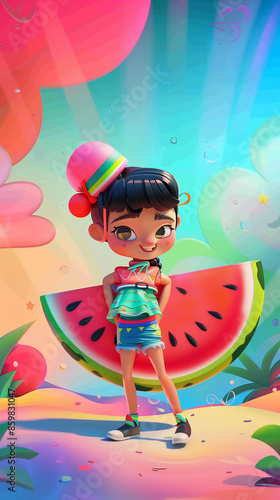 Playful Girl in Watermelon-Themed Outfit with Colorful Background