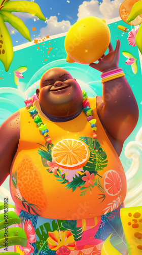 Joyful Man in Tropical Outfit Holding Lemon with Vibrant Background