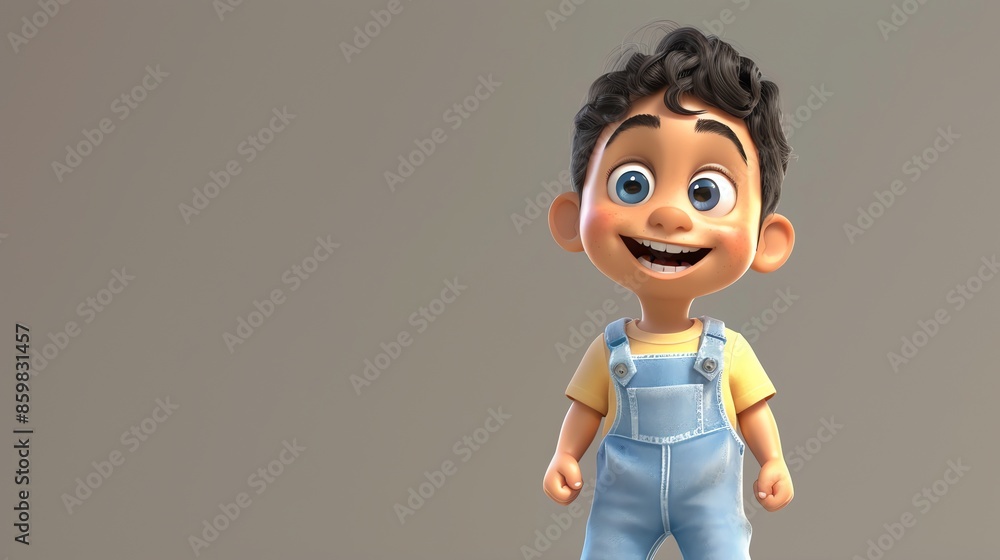 A 3D cartoon of a boy with brown hair, wearing overalls and a yellow shirt, standing against a gray background. A 3D cartoon of a boy with brown hair, wearing overalls and a yellow shirt, standing against a gray background.