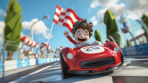A 3D-rendered cartoon boy with brown hair is driving a red race car towards the finish line, crossing it with a checkered flag waving above him.