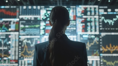 A woman is looking at a computer screen with many numbers and graphs. She is wearing a suit and has her hair in a ponytail