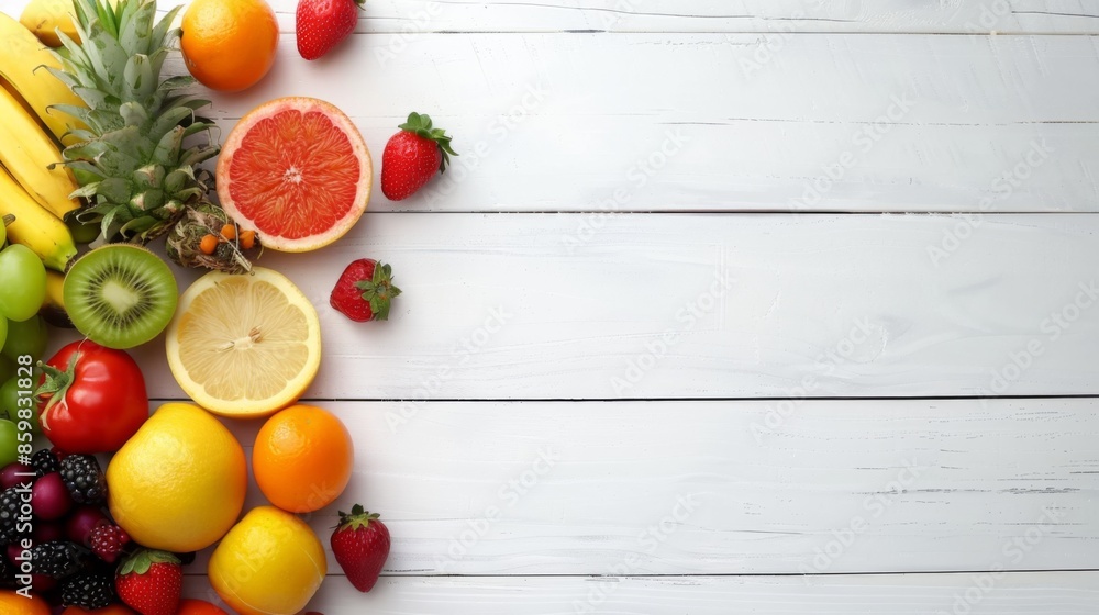 Fresh fruits and vegetables on a white wooden background. Top view, with copy space Fresh fruits and vegetables on a white wooden background. Top view, with copy space