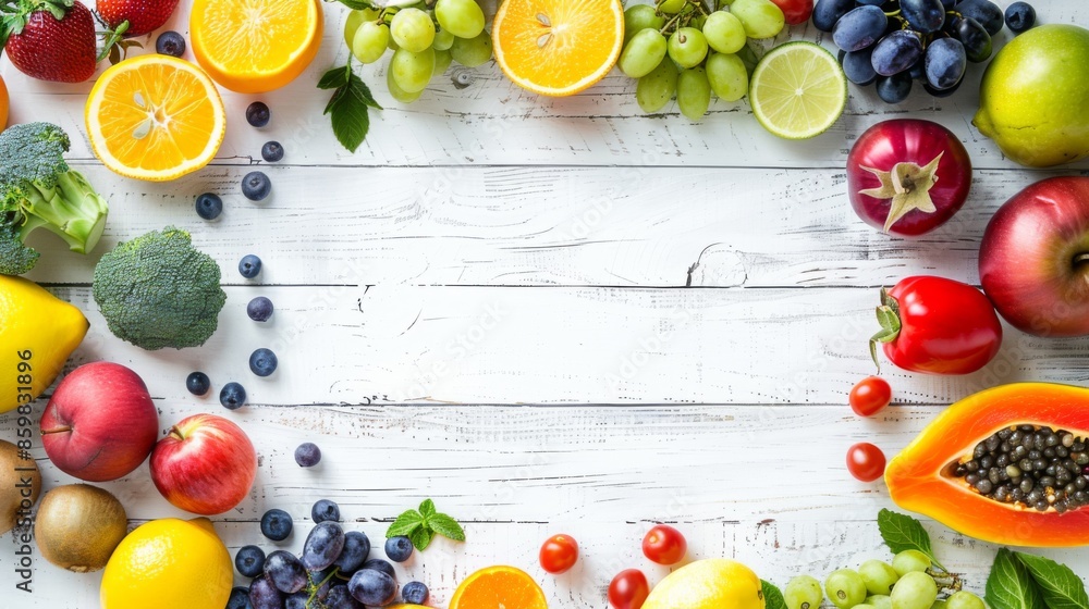 Fresh fruits and vegetables on a white wooden background. Top view, with copy space Fresh fruits and vegetables on a white wooden background. Top view, with copy space