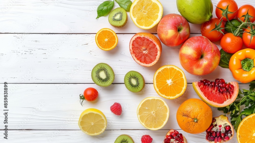 Fresh fruits and vegetables on a white wooden background. Top view, with copy space Fresh fruits and vegetables on a white wooden background. Top view, with copy space