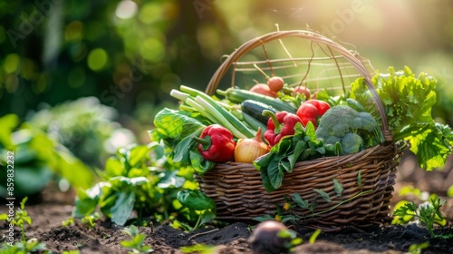 Fresh organic vegetables in wicker basket in the garden, with copy space © Adi