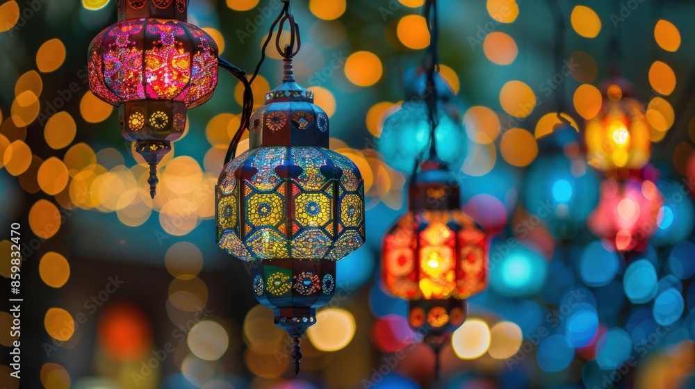 Ornate Lanterns Hanging in a Festive Atmosphere Ornate Lanterns Hanging in a Festive Atmosphere