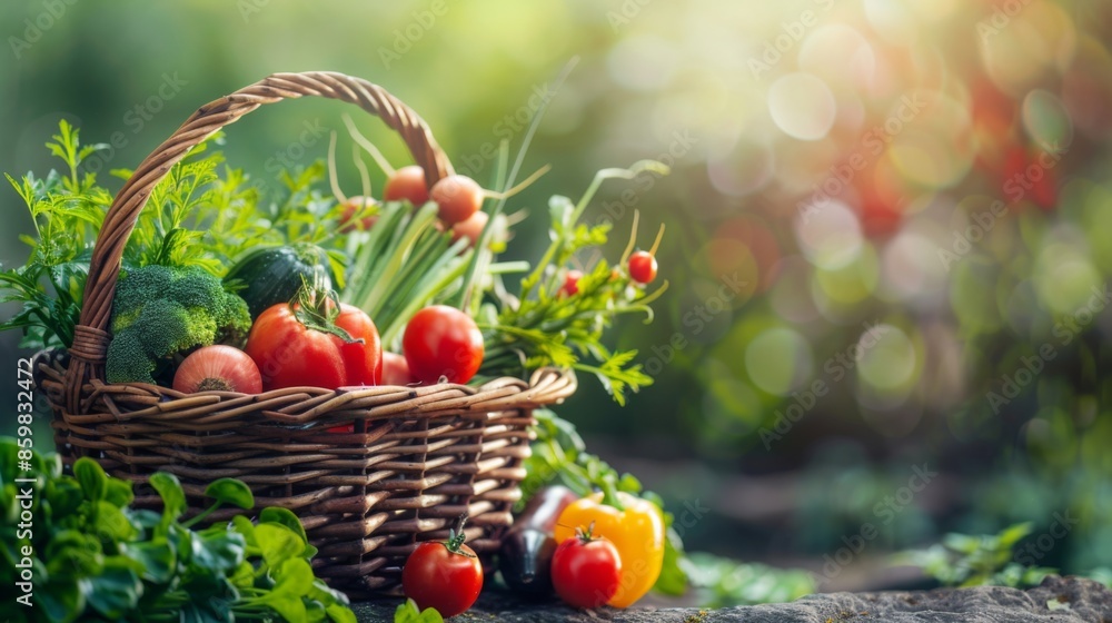 Fresh organic vegetables in wicker basket in the garden, with copy space Fresh organic vegetables in wicker basket in the garden, with copy space