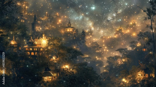 Enchanted Forest Village Under a Starry Sky