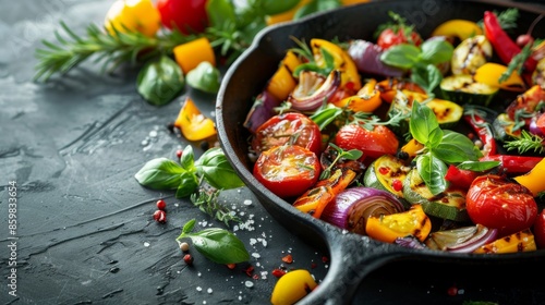 Grilled assorted vegetables in cast iron pan on dark background, with copy space