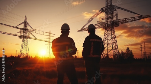 Worker watching the power tower and substation with sunset background