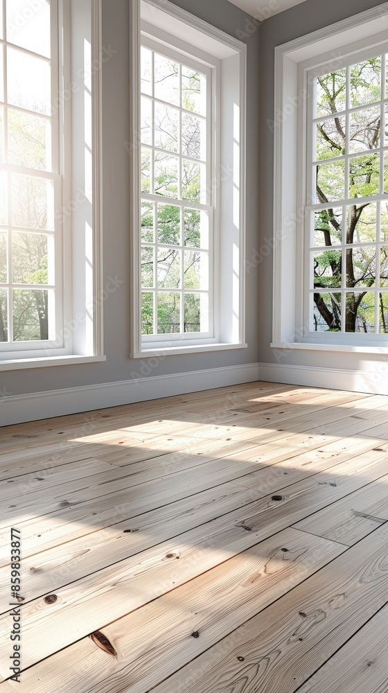 Fototapeta premium Sunlight Streaming Through Windows onto Wooden Floor.