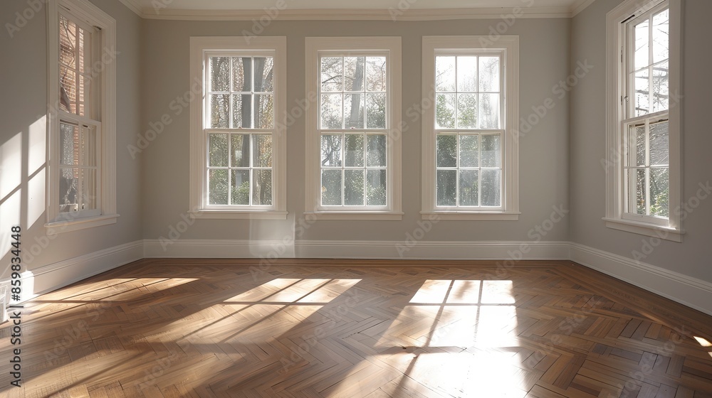 Sunlight streaming through windows in a room with hardwood floors. Sunlight streaming through windows in a room with hardwood floors.